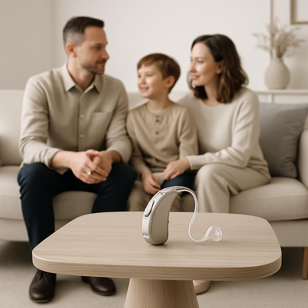 In this image, a family enjoys each other's company on a beige sofa. The man, dressed in dark blue slacks and a beige shir...
