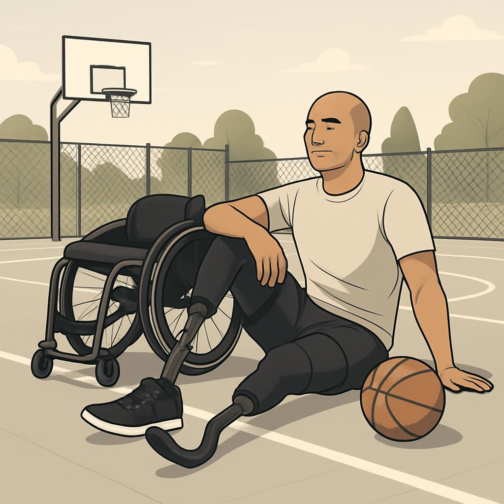 A digital illustration of a man with a prosthetic leg sitting on the court of a basketball court, intently focused on the ...
