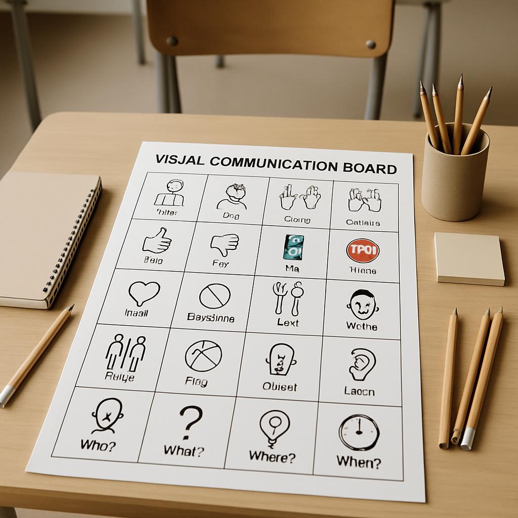 Visual communication board with icons for different words and phrases.