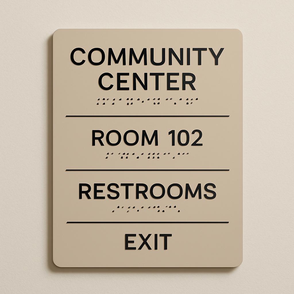 A beige sign with raised lettering and Braille, displaying three lines of text: 'COMMUNITY CENTER' in large letters above ...