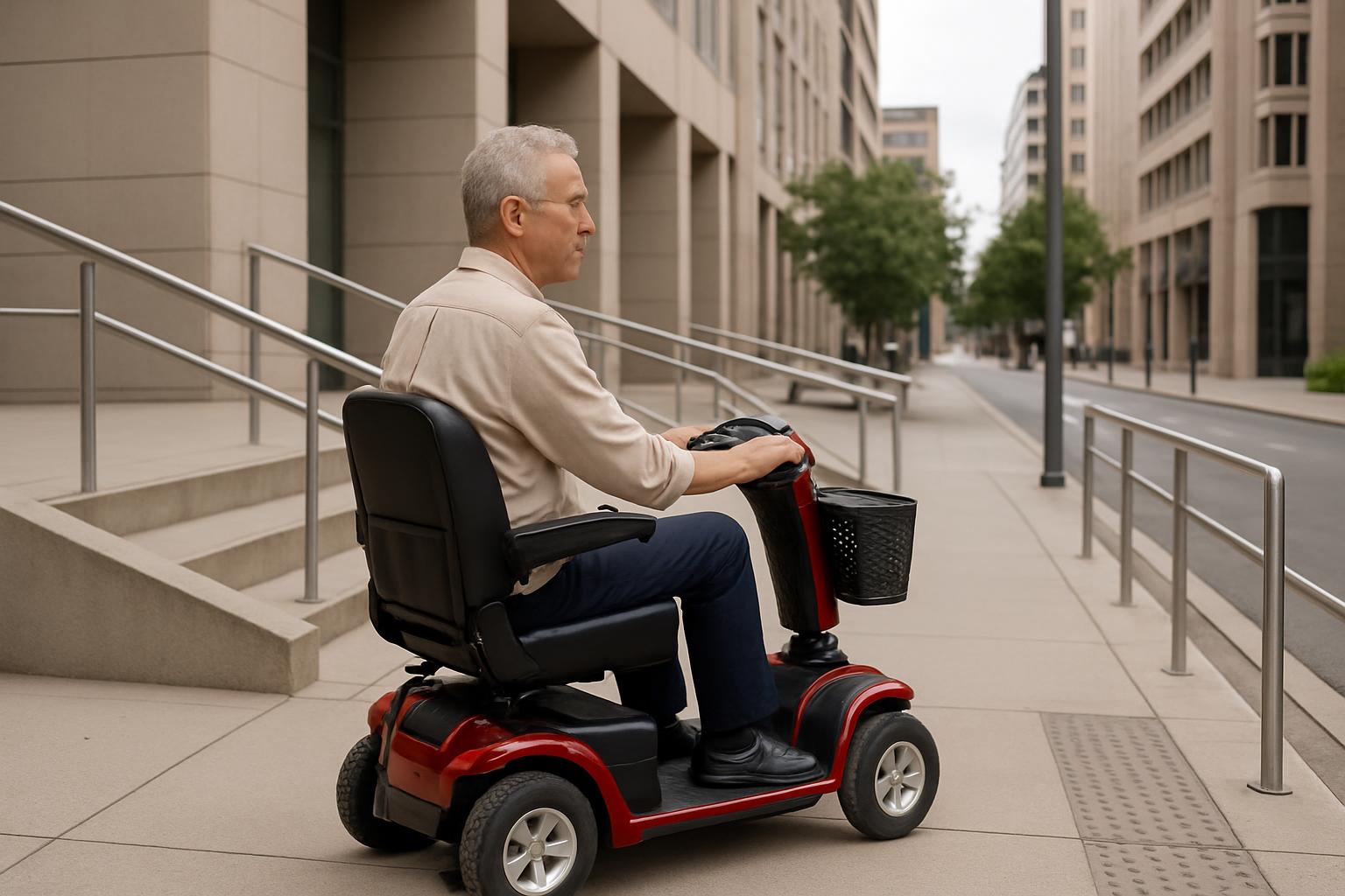 • A man seated on a red and black mobility scooter • He is oriented facing to the right, with his back visible to the came...