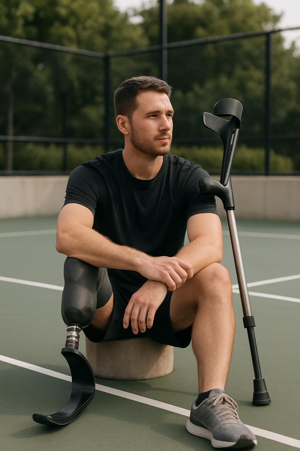 A young man with short dark hair sits on a beige cylinder on a green court. The man's left leg has been amputated from mid...
