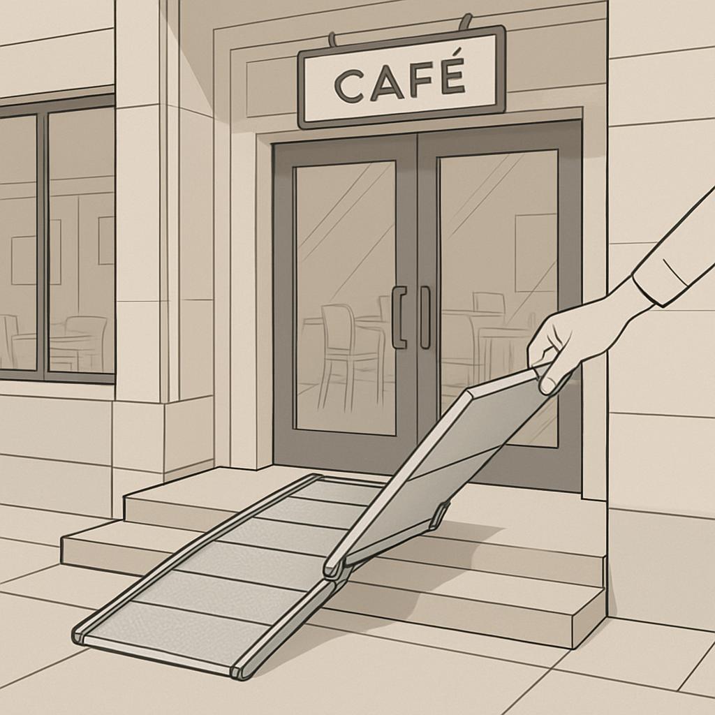 Illustration of a person using a ramp to gain access to a cafe, with the ramp extending from ground-level to a doorway.
