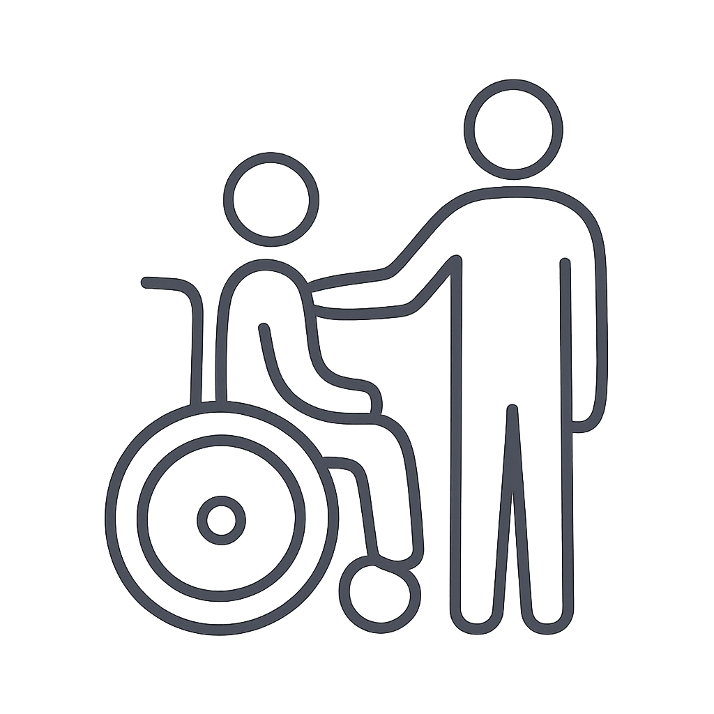 A simplified outline of a person with a disability using walking aid, alongside a non-disabled person.